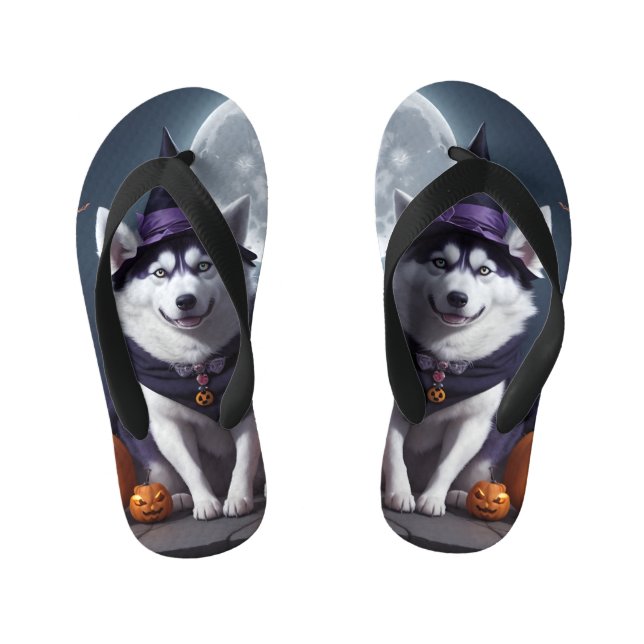 Husky Dog Halloween Adventure Moonlit Magic Spooky Kid's Thongs (Footbed)