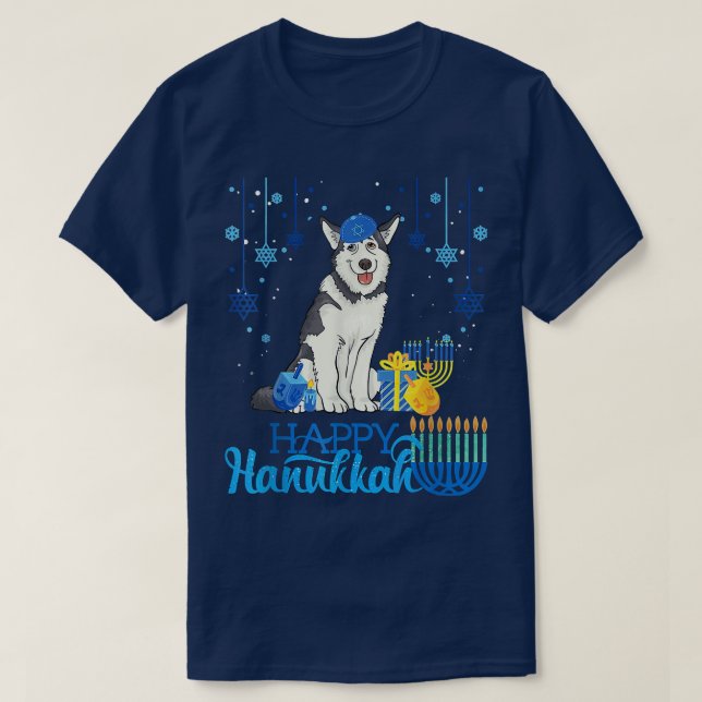Husky Dog Happy Hanukkah  T-Shirt (Design Front)