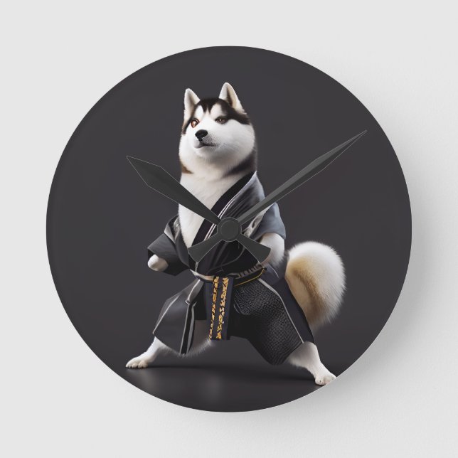 Husky Dog Knows Karate, Husky Dog Karate Player Round Clock (Front)