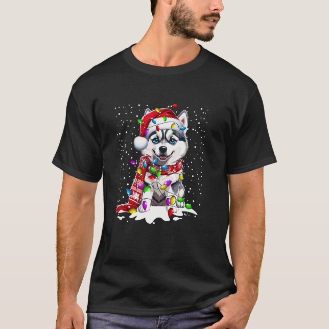 Husky Dog Lighting Xmas Santa Hat Husky Christmas T-Shirt (Front)