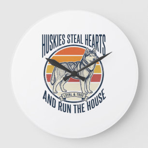 Husky Dog Lover Vintage Engraving Funny Pet Owner Large Clock