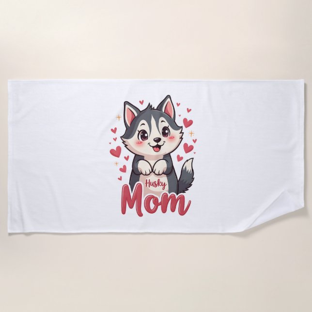 Husky Dog Mom Cute Kawaii Design Beach Towel (Front)