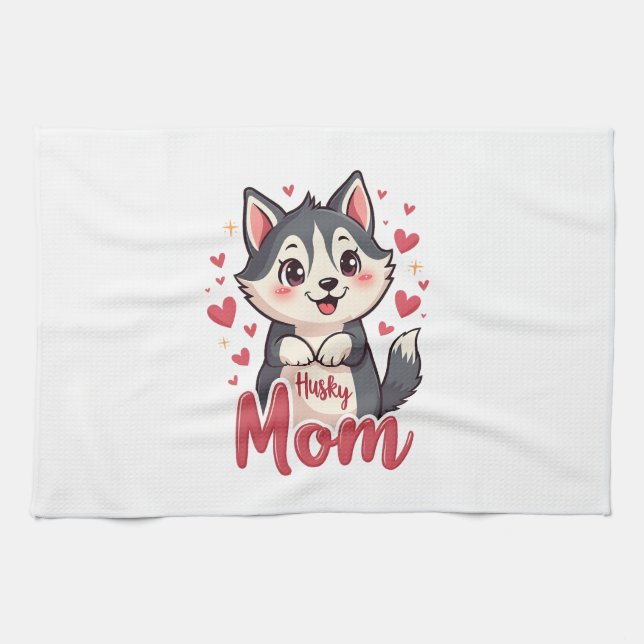 Husky Dog Mom Cute Kawaii Design Tea Towel (Horizontal)