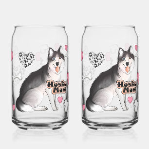 Husky Dog Mum with Bones & Hearts Can Glass