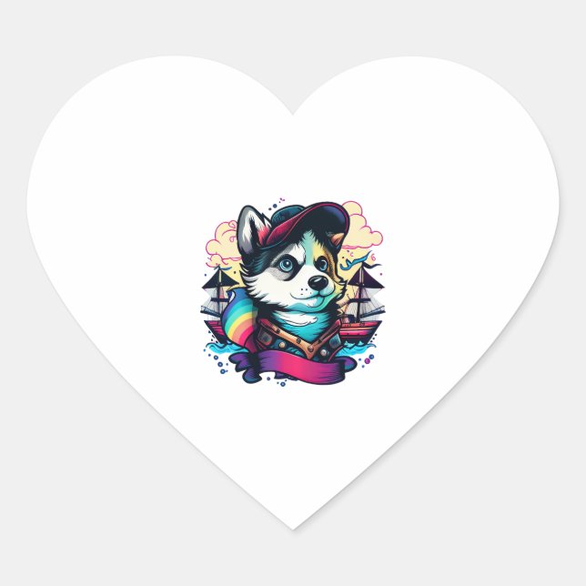 Husky Dog Pirate Heart Sticker (Front)