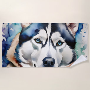 Husky dog Portrait Watercolor Art  Beach Towel