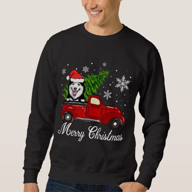 Husky Dog Riding Red Truck Christmas Decorations P Sweatshirt (Front)