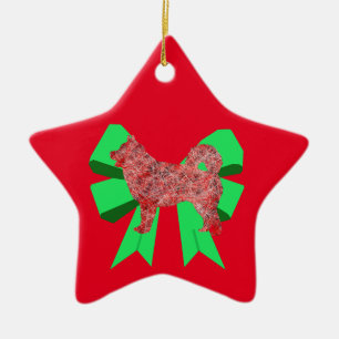 Husky Dog Silhouette Red & Green Bow Christmas Ceramic Ornament