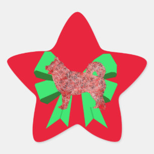 Husky Dog Silhouette Red & Green Bow Christmas Star Sticker