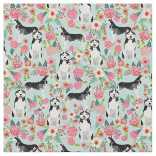 Husky dog vintage florals light blue fabric