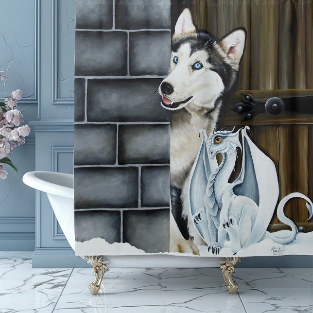 Husky Dog White Dragon Adventure Shower Curtain (Creator Uploaded)