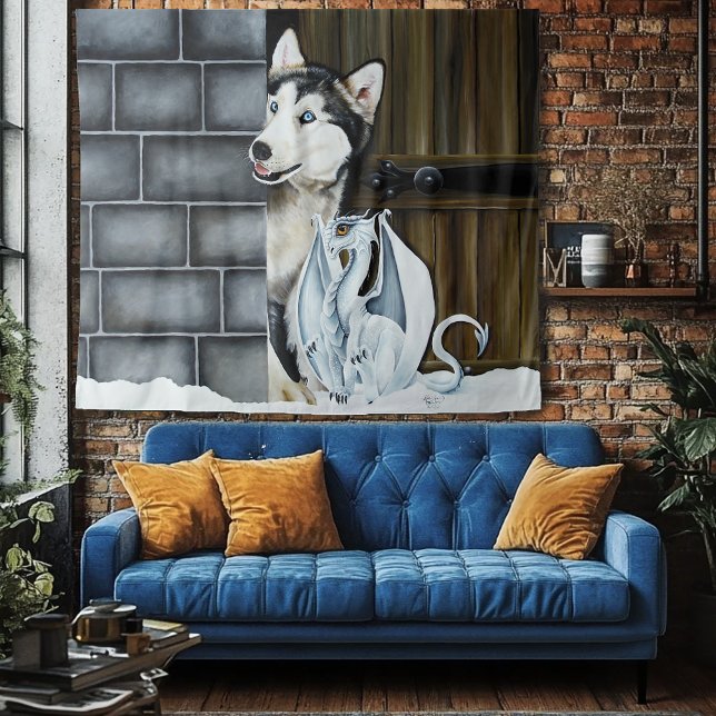 Husky Dog White Dragon Adventure Tapestry (Creator Uploaded)