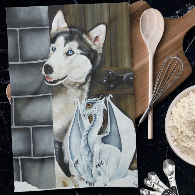 Husky Dog White Dragon Adventure Tea Towel (Creator Uploaded)
