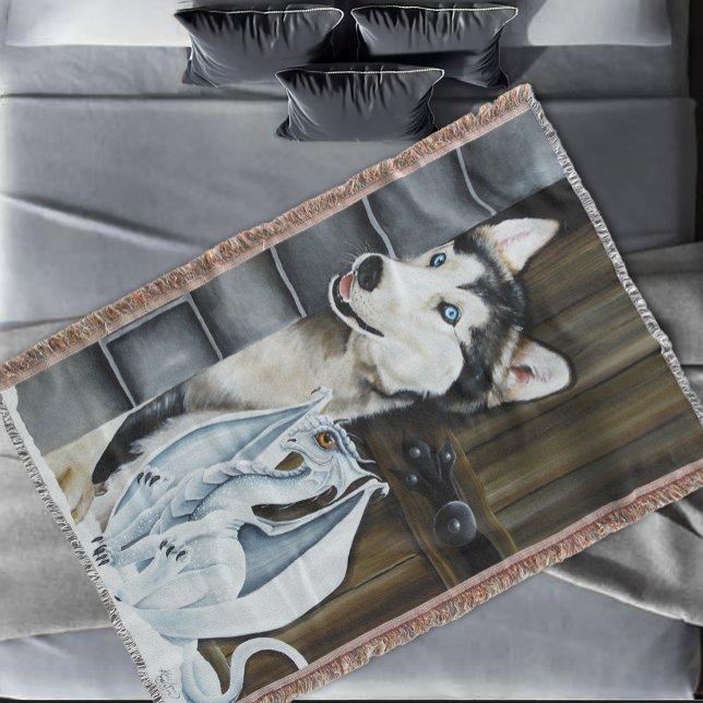Husky Dog White Dragon Adventure Throw Blanket (Creator Uploaded)