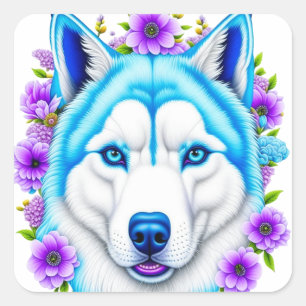 Husky Dog with Blue Eyes and Flowers   Square Sticker