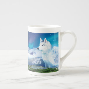 Husky dog with mountains and northern lights bone china mug