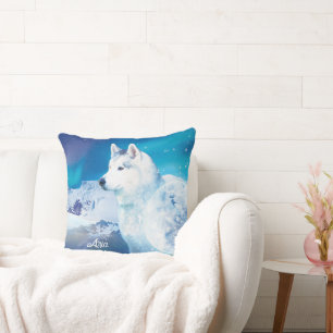 Husky dog with mountains and northern lights cushion