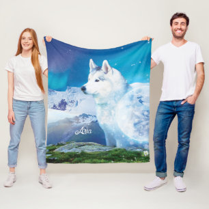 Husky dog with mountains and northern lights  fleece blanket