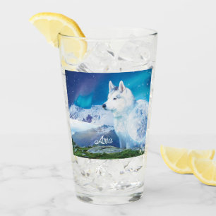 Husky dog with mountains and northern lights  glass