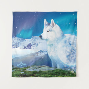 Husky dog with mountains and northern lights tapestry