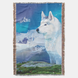 Husky dog with mountains and northern lights throw blanket