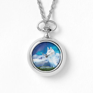 Husky dog with mountains and northern lights  watch
