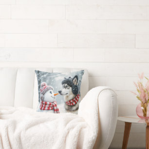 Husky Dog With Snowman Cushion