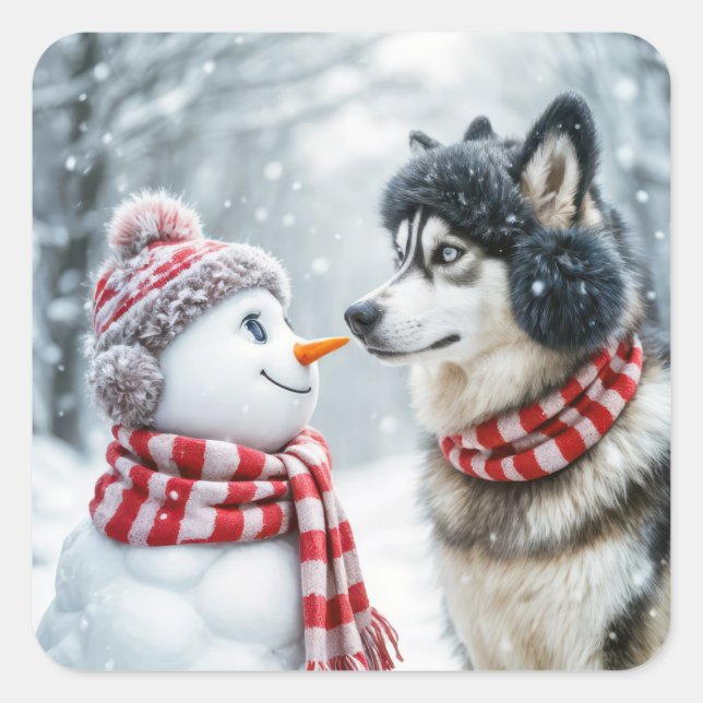 Husky Dog With Snowman Square Sticker (Front)