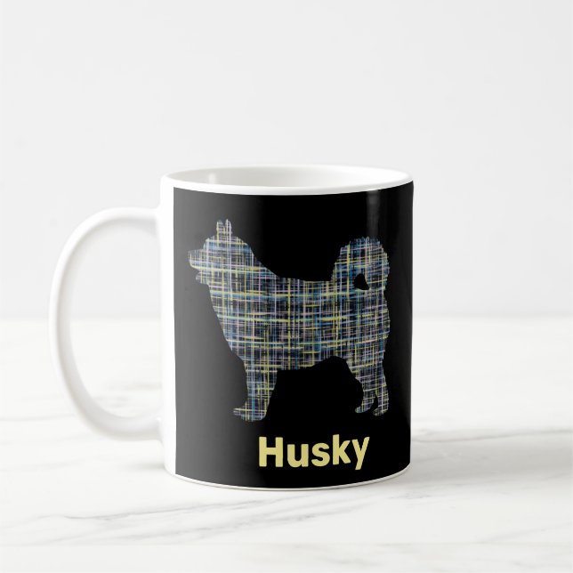 Husky Dog Yellow & Blue Grid Lines Coffee Mug (Left)
