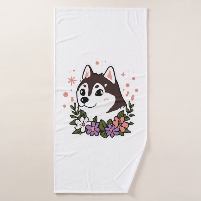 Husky Flowers Dog Lover Malamute Bath Towel (Bath Towel)