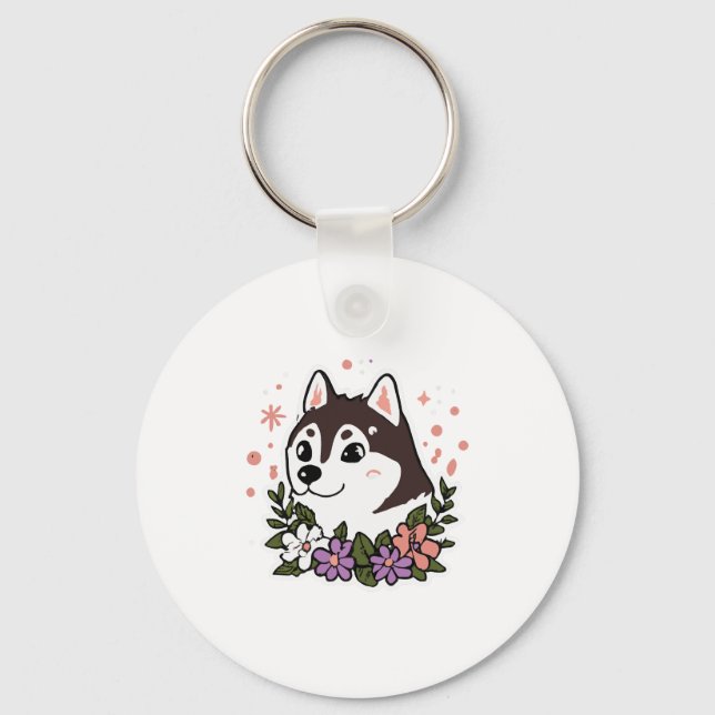 Husky Flowers Dog Lover Malamute Key Ring (Front)