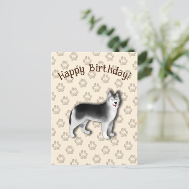 Husky Happy Birthday dog footprint Editable Postcard (Standing Front)