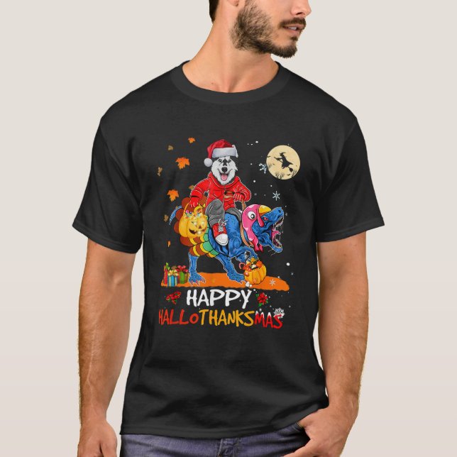 Husky Happy Hallothanksmas Halloween Thanksgiving  T-Shirt (Front)