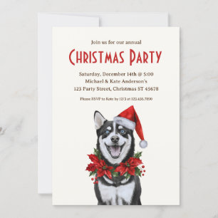 Husky in a Santa Hat Siberian Dog Christmas Party Invitation