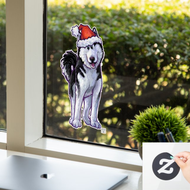 Husky in a Santa Hat Window Cling (Office)