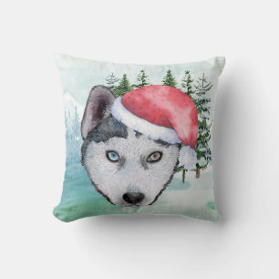 Husky in Santa Cap Cushion