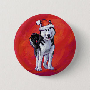 Husky in Santa Hat On Red 6 Cm Round Badge