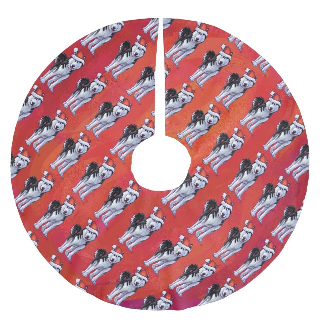 Husky in Santa Hat On Red Brushed Polyester Tree Skirt (Front)