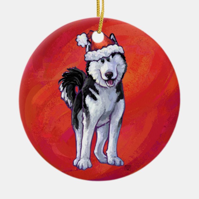 Husky in Santa Hat On Red Ceramic Ornament (Front)