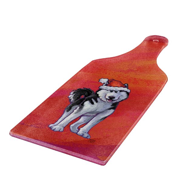 Husky in Santa Hat On Red Cutting Board (Corner)