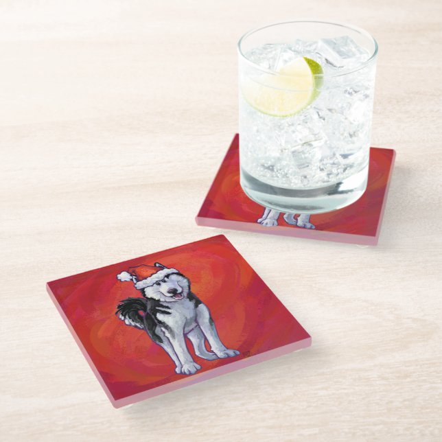 Husky in Santa Hat On Red Glass Coaster (Angled)
