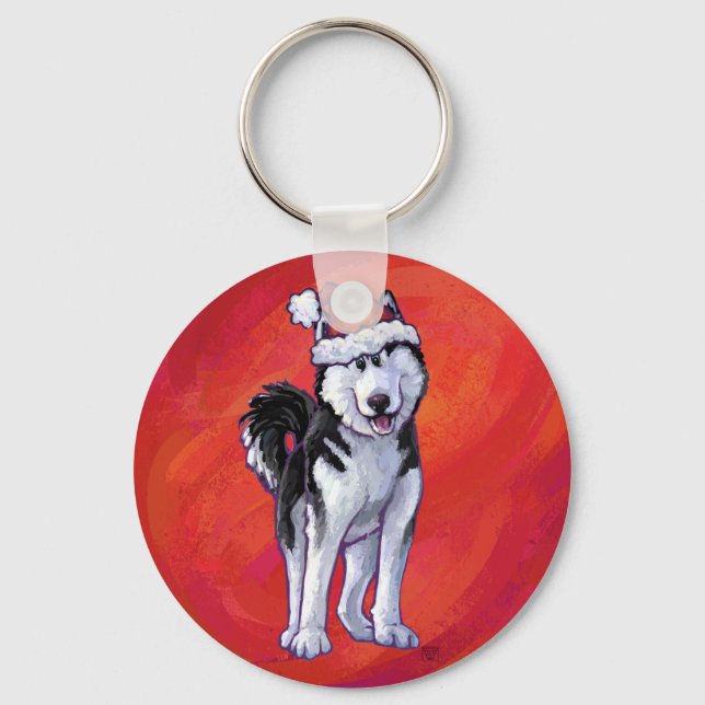 Husky in Santa Hat On Red Key Ring (Front)