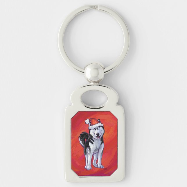 Husky in Santa Hat On Red Key Ring (Front)