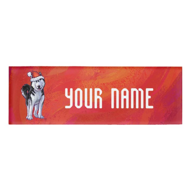 Husky in Santa Hat On Red Name Tag (Front)