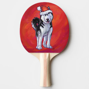 Husky in Santa Hat On Red Ping Pong Paddle