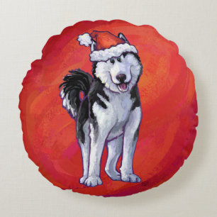 Husky in Santa Hat On Red Round Cushion