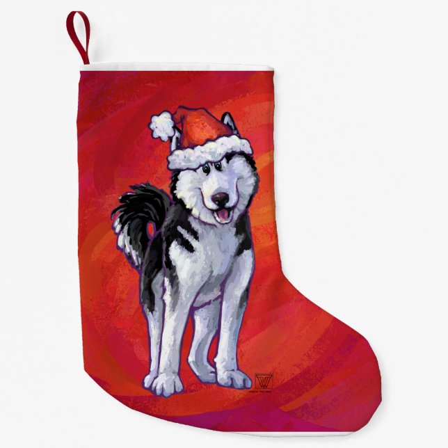 Husky in Santa Hat On Red Small Christmas Stocking (Front)