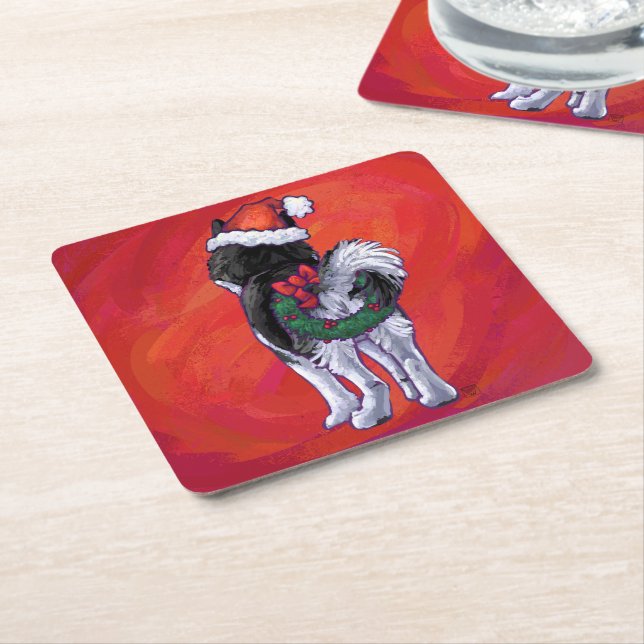 Husky in Santa Hat On Red Square Paper Coaster (Angled)