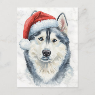 Husky in Santa Hat Watercolor Xmas Holiday Postcard