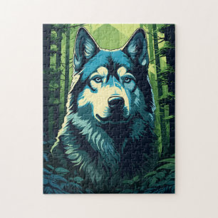 Husky in the green lush forest jigsaw puzzle